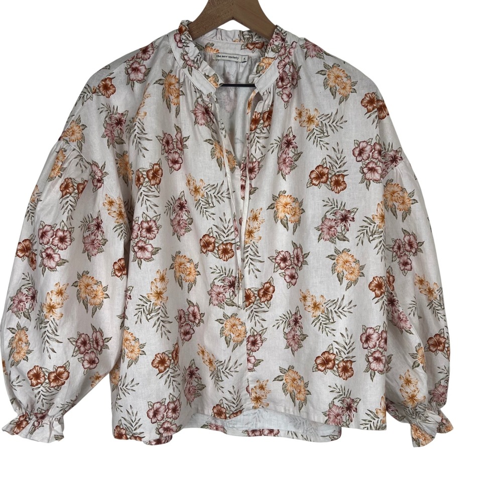 The New Society Floral Linen Cotton Balloon Sleeve Peasant Blouse‎ Small Boho